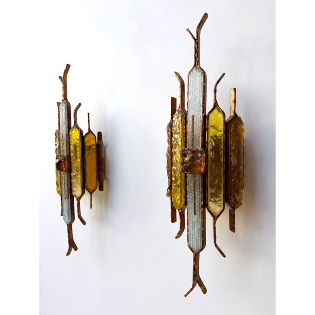 Pair of Hammered Glass Wrought Iron Sconces by Longobard, Italy, 1970s For Sale - Image 9 of 12