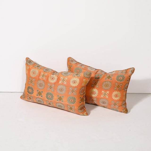 Pair of Silk & Down Stuffed Pillows in Orange & Emerald Green Eastern Patterning For Sale In New York - Image 6 of 10
