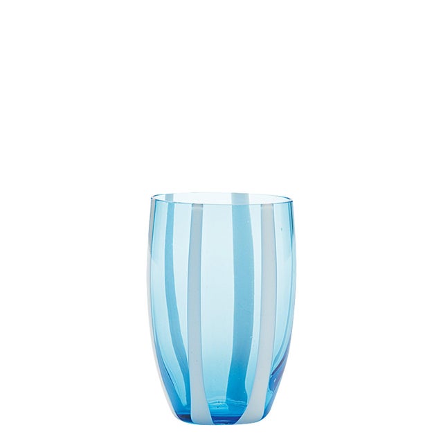 Elegant tumblers characterized by white glass paste bands applied to bright colors making them similar but always unique....