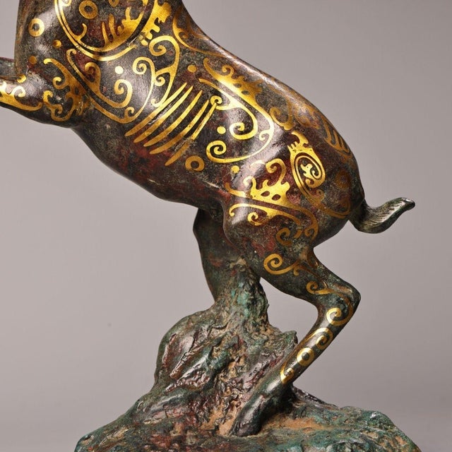 Metal Chinese Gilt Bronze Ibex / Ram Sculpture - 13" Tall For Sale - Image 7 of 10