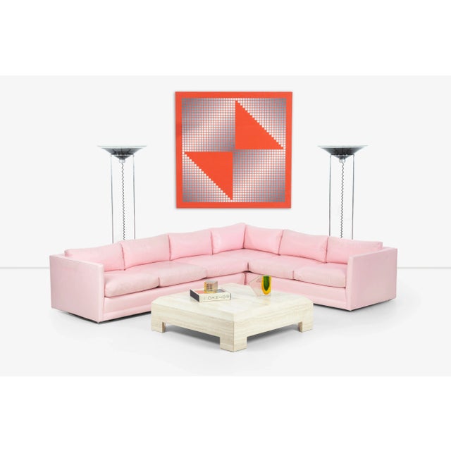 Solid Italian Travertine coffee table with large beveled edge.