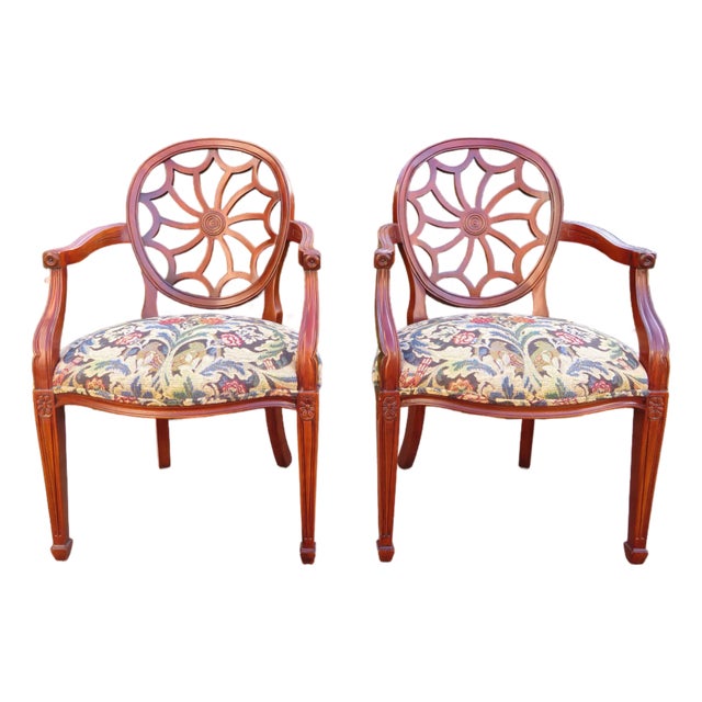 Vintage Hickory Chair Co Mahogany Spider Back Captain's Side Chair Pair For Sale