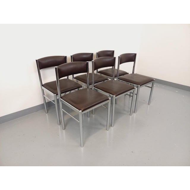 Vintage Chairs in Chromed Metal and Brown Imitation Leather, 1970s, Set of 6 For Sale - Image 16 of 18
