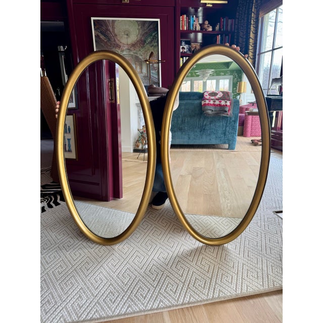 Matching Pair of Mid 20th Century Giltwood Oval Wall Mirrors - 20" X 38" For Sale - Image 4 of 6