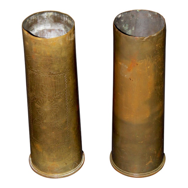 Pair of Antique Wwi Brass Artillery Shell Trench Art Vases, Dated C. 1916–1918 For Sale