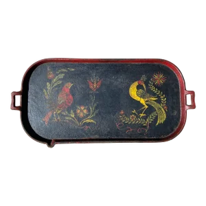 1950s Vintage Folk Painted Cast Iron Serving Tray