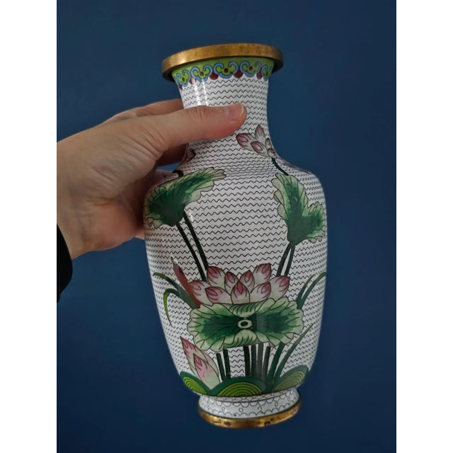 Metal Vintage Chinese Enameled Cloisonné Vase Set For Sale - Image 7 of 18