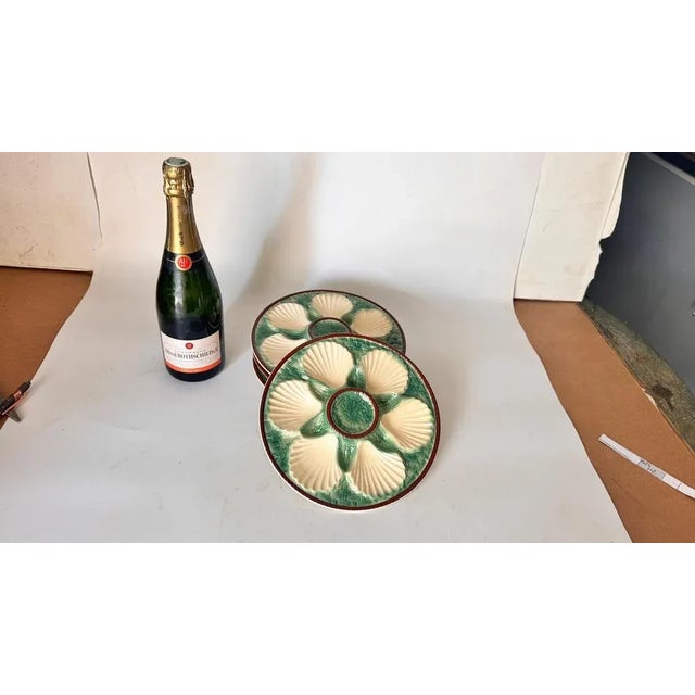 19th Century Green, White & Brown Glaze Majolica Oyster Plates, Set of 4 For Sale - Image 3 of 14