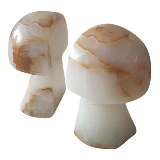 Noymer Italian Style Alabaster Onyx Marble Mushroom Bookends - a Pair For Sale