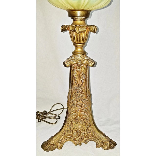 French Dore' Electrified Vaseline Glass Oil Lamp For Sale - Image 4 of 9