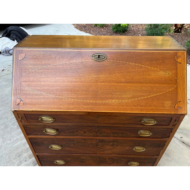 Late 19th Century Late 19th Century Mahogany Slant-Front Bureau Desk With Marquetry Inlay and Brass Hardware For Sale - Image 5 of 12