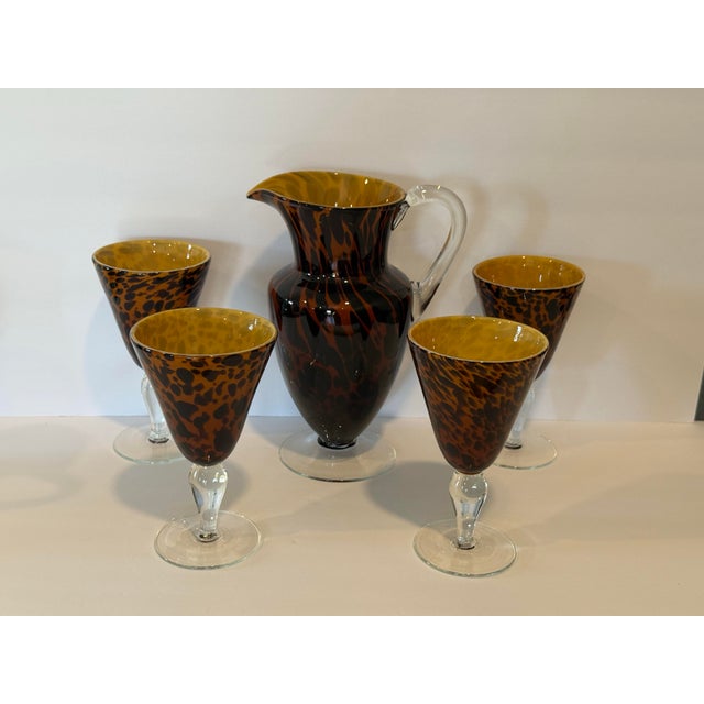 Mid-Century Modern Vintage Handcrafted Art Heavy Glass Murano Style Leopard Pitcher With 4 Goblets For Sale - Image 3 of 12