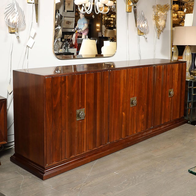 Tommi Parzinger Mid-Century Fluted Walnut Sideboard W/ Sculptural Brass Pulls by Tommi Parzinger For Sale - Image 4 of 18