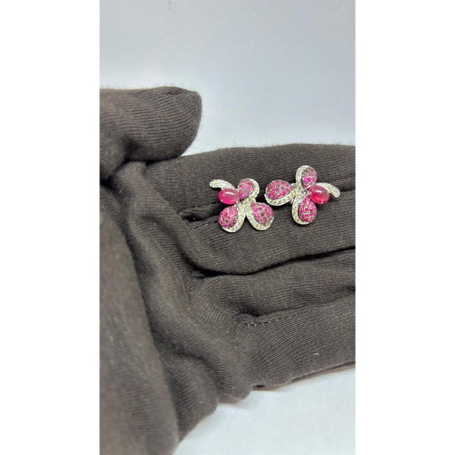 Modern Natural Ruby 0.98cts & Diamond 0.47cts Earring in 14k Gold For Sale - Image 3 of 8