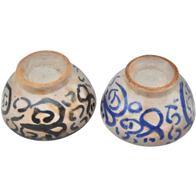 Antique Moroccan Blue & Black Calligraphy Ceramic Bowls - 2 Pieces For Sale - Image 9 of 9