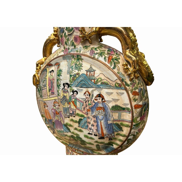 Gray Chinese Oriental Porcelain People Scenery Flat Round Shape Vase For Sale - Image 8 of 8