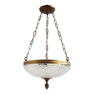 Vintage Empire Style Crystal & Antique Brass Pendant Fixture For Sale