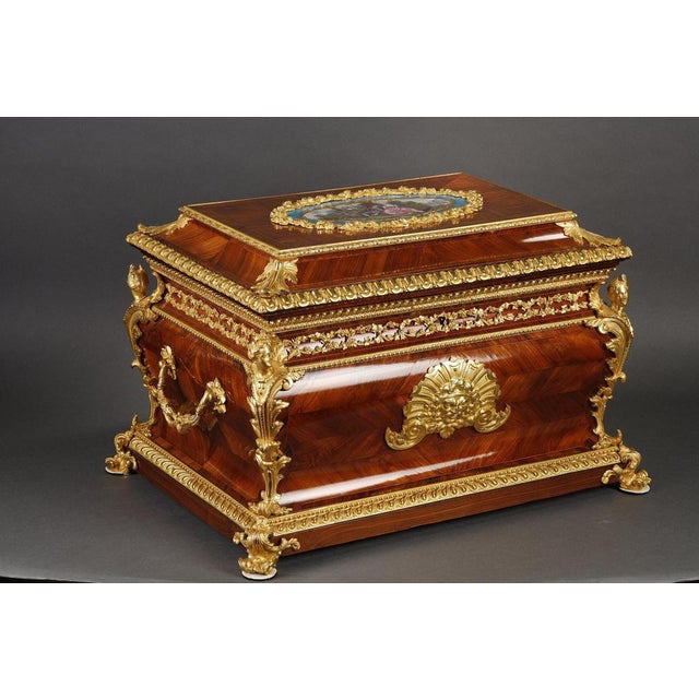 Large Louis XV Style Casket in Rosewood, Gilt Bronze and Porcelain, 1870 For Sale - Image 13 of 17