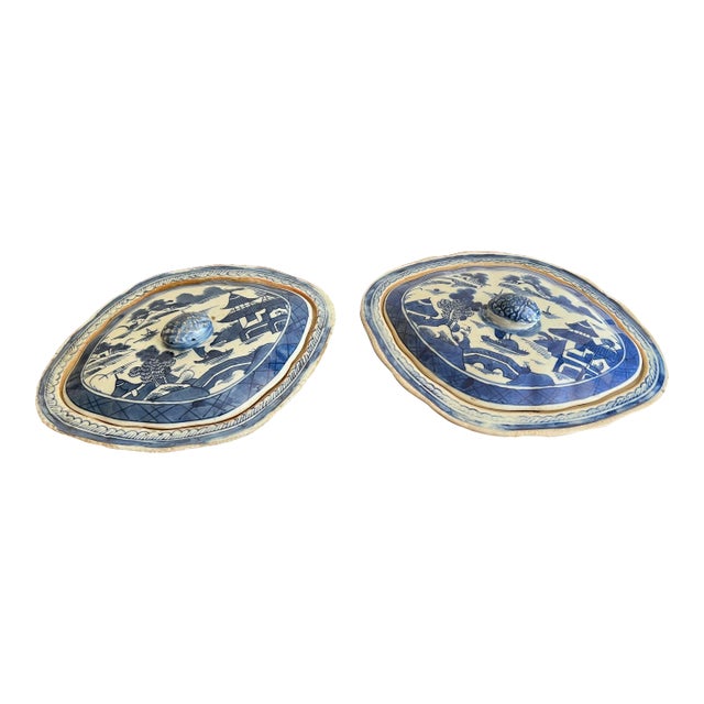 Antique Chinese Export-Style Canton Blue & White Covered Dishes- a Pair For Sale