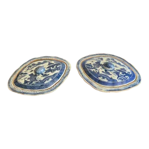 Antique Chinese Export-Style Canton Blue & White Covered Dishes- a Pair