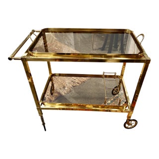 Brass and Tinted Glass Midcentury Modern Barcart For Sale