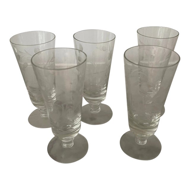 1940s Etched Vintage Juice Glasses- Set of 5 For Sale
