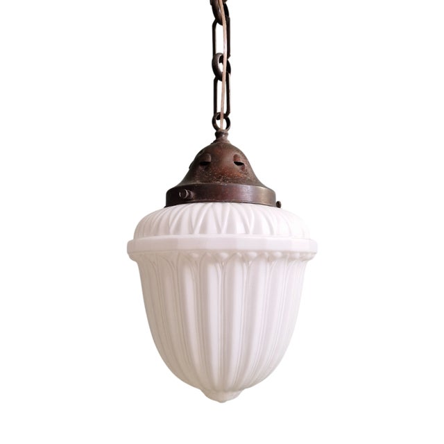 Art Deco Pendant Light in Molded & Pressed White Opaline Glass, 1930s For Sale
