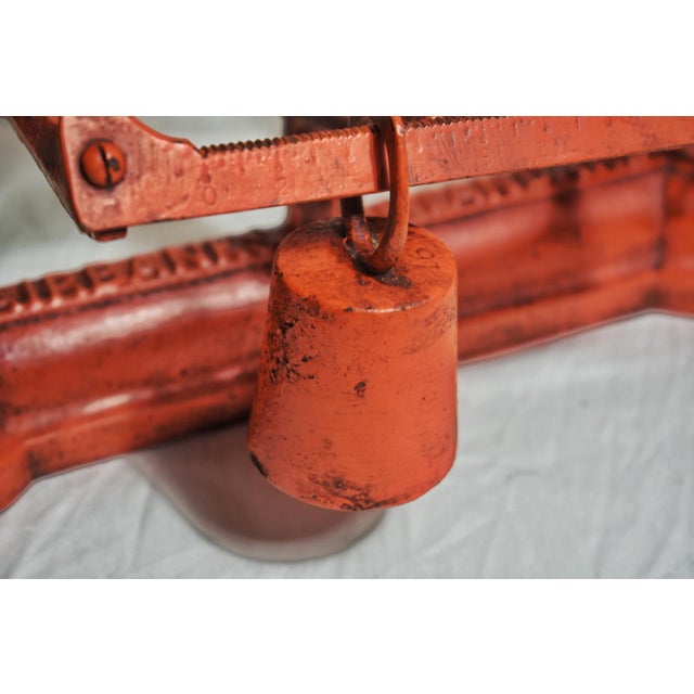 Terra Cotta Antique Fairbanks Cast Iron Balance Scale With Hand-Painted Floral Pan For Sale - Image 8 of 9