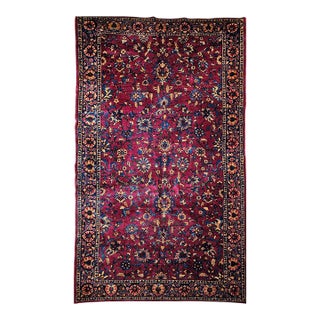Vintage Persian Manchester Kashan Gallery Rug, Hand-Knotted Wool, Geometric Pattern, 6x12, Crimson Red & Blue For Sale