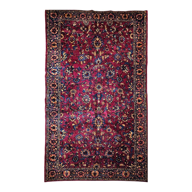 Vintage Persian Manchester Kashan Gallery Rug, Hand-Knotted Wool, Geometric Pattern, 6x12, Crimson Red & Blue For Sale
