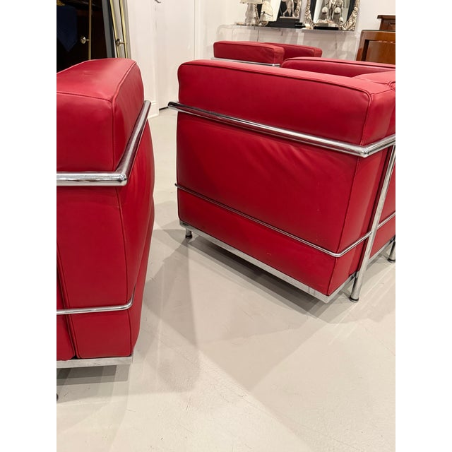 Chrome and Red Leather Club Chairs in the Style of Le Corbusier - A Pair For Sale - Image 10 of 14
