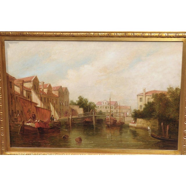 Oil Painting of a Canal Scene with Boats and Pedestrians from Late 19th Century For Sale In Atlanta - Image 6 of 7