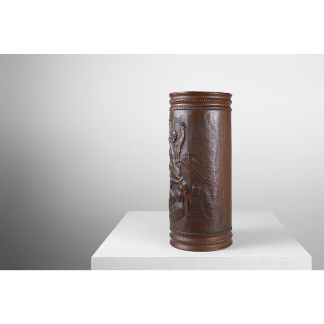 Copper Umbrella Stand with Hammered Relief of Medieval Café, France, 1900s For Sale - Image 5 of 13