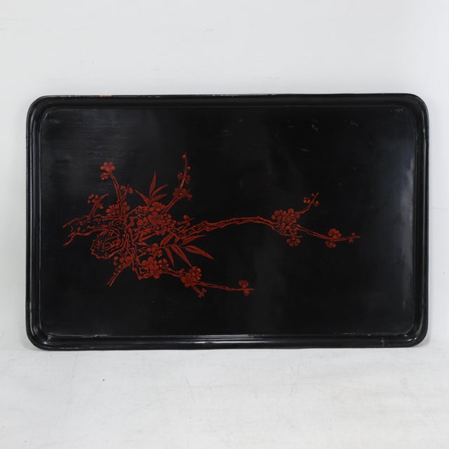 Vintage Chinese Black Lacquer Rectangular Serving Tray - Red and Gold Plum Blossom Motif For Sale - Image 16 of 16