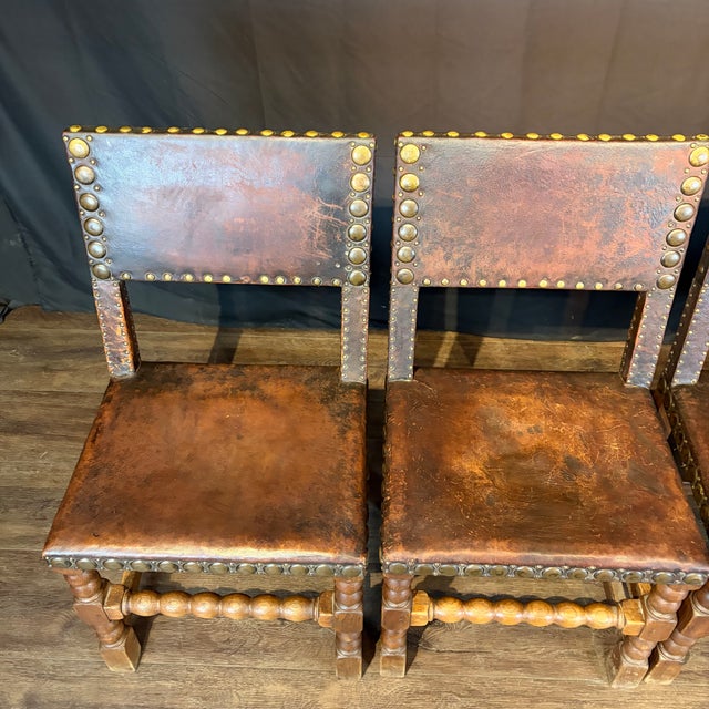 French Antique Leather and Nailhead Dining Chairs With Bobbin Legs -Set of 6 For Sale - Image 4 of 12