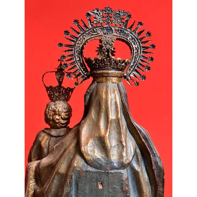 Gold 16th Century Spanish Polychrome Virgin and Child Sculpture For Sale - Image 8 of 10