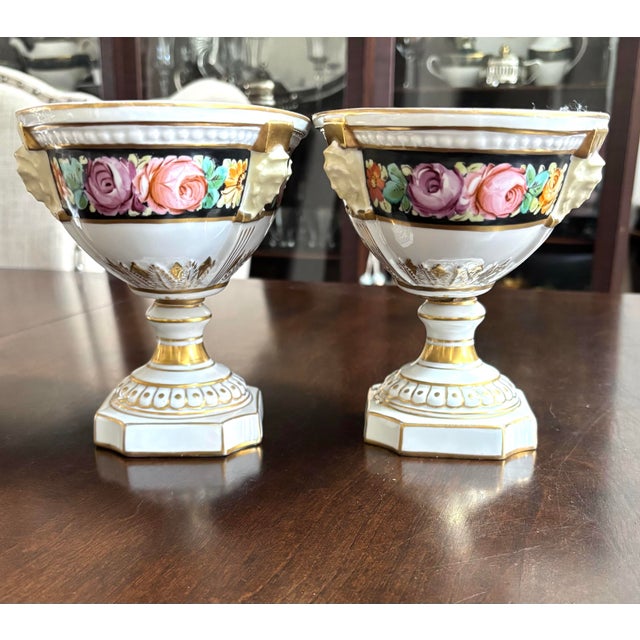 Gorgeous Antique Pair of Ferdinand Bing & Co. Tazze-(French-Early 20th C. With Gilt Accents and Floral Motif 6 1/4 In. H., 9 In. W., 5 1/2 In. D. For Sale - Image 11 of 12