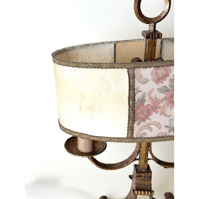 Large Florentine Gilt Iron Two-Light Table Lamp with Leather and Tapestry Shade, 1950s For Sale - Image 12 of 18
