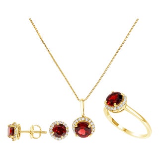 10K Yellow Gold Red Garnet and 3/8 Cttw Diamond Halo Jewelry Set (Earrings, Pendant & Ring) For Sale