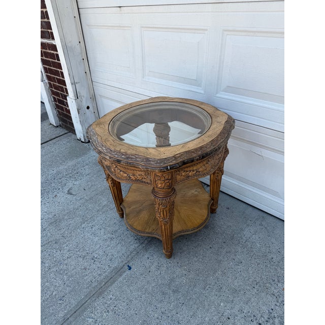 Stone Late 20th Century French Louis XVI Style Carved Wood & Marble Glass Top Round Side Table For Sale - Image 7 of 11