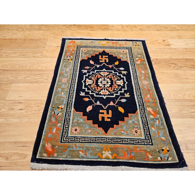 Art Deco Vintage Tibetan Medallion Rug, Wool on Cotton, Black & Green, 1900s, 2' x 3' For Sale - Image 3 of 11