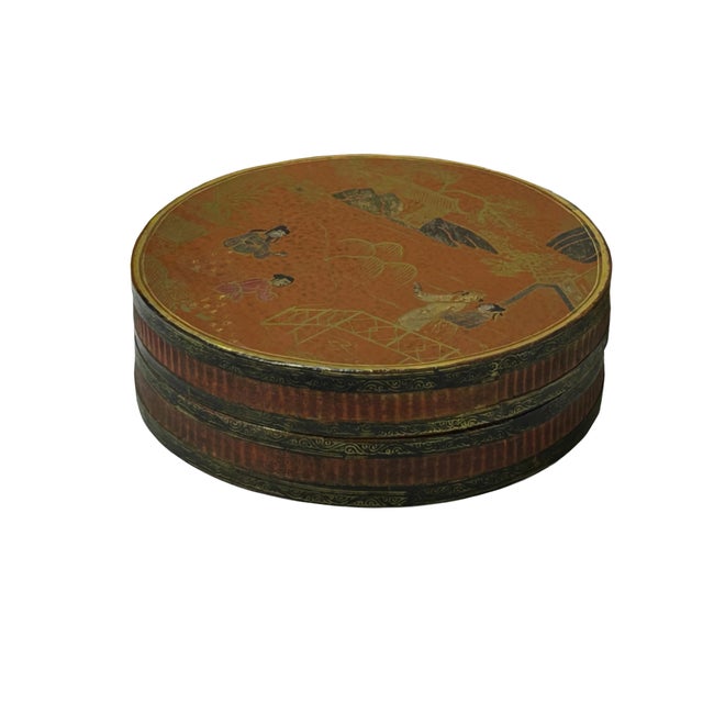 1980s Vintage Handmade Round Brown Golden Scenery Artistic Wood Box For Sale - Image 5 of 9