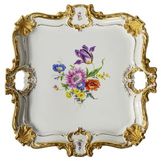 Large Meissen Hand Painted Gilded Porcelain Serving Plate For Sale