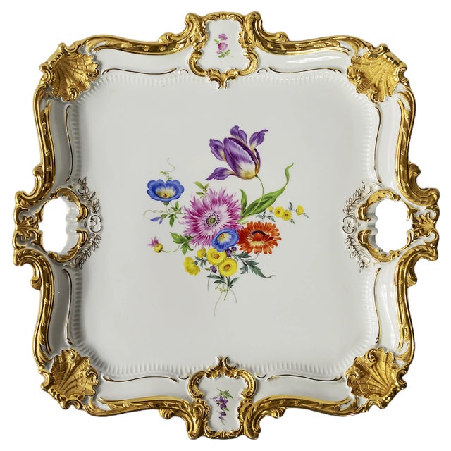 Large Meissen Hand Painted Gilded Porcelain Serving Plate For Sale
