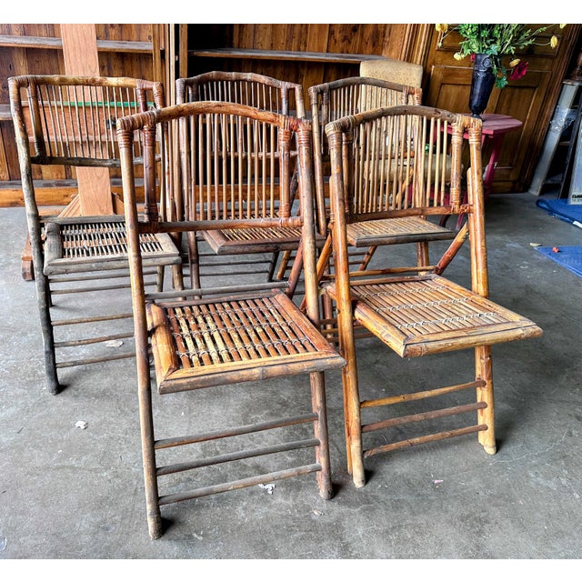 Vintage Scorched Bamboo and Rattan Folding Chairs, Set of 5 For Sale - Image 4 of 12