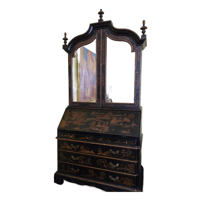 Maitland-Smith Chinoiserie Secretary Slant Front W/Bonnet Top Mirrored Doors Stunning For Sale