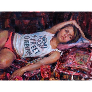 Street Cheetah by Natalia Fabia | Oil on canvas panel Portrait of a woman in a casual pose. For Sale