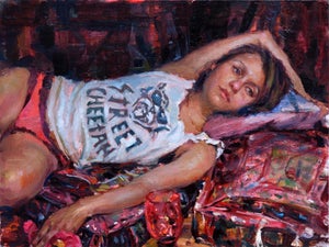 Street Cheetah by Natalia Fabia | Oil on canvas panel Portrait of a woman in a casual pose.