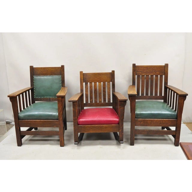 Early 1900s Mission Oak Arts & Crafts Stickley Jm Young Style Lounge Arm Chairs Green - Pair For Sale - Image 9 of 12
