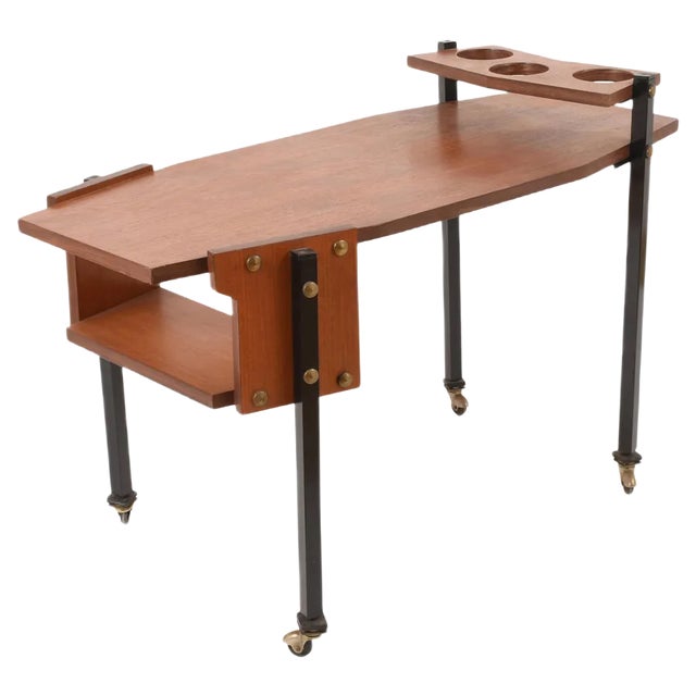 Mid-Century Serving Cart with Teak and Enameled Metal Bottle Holder For Sale